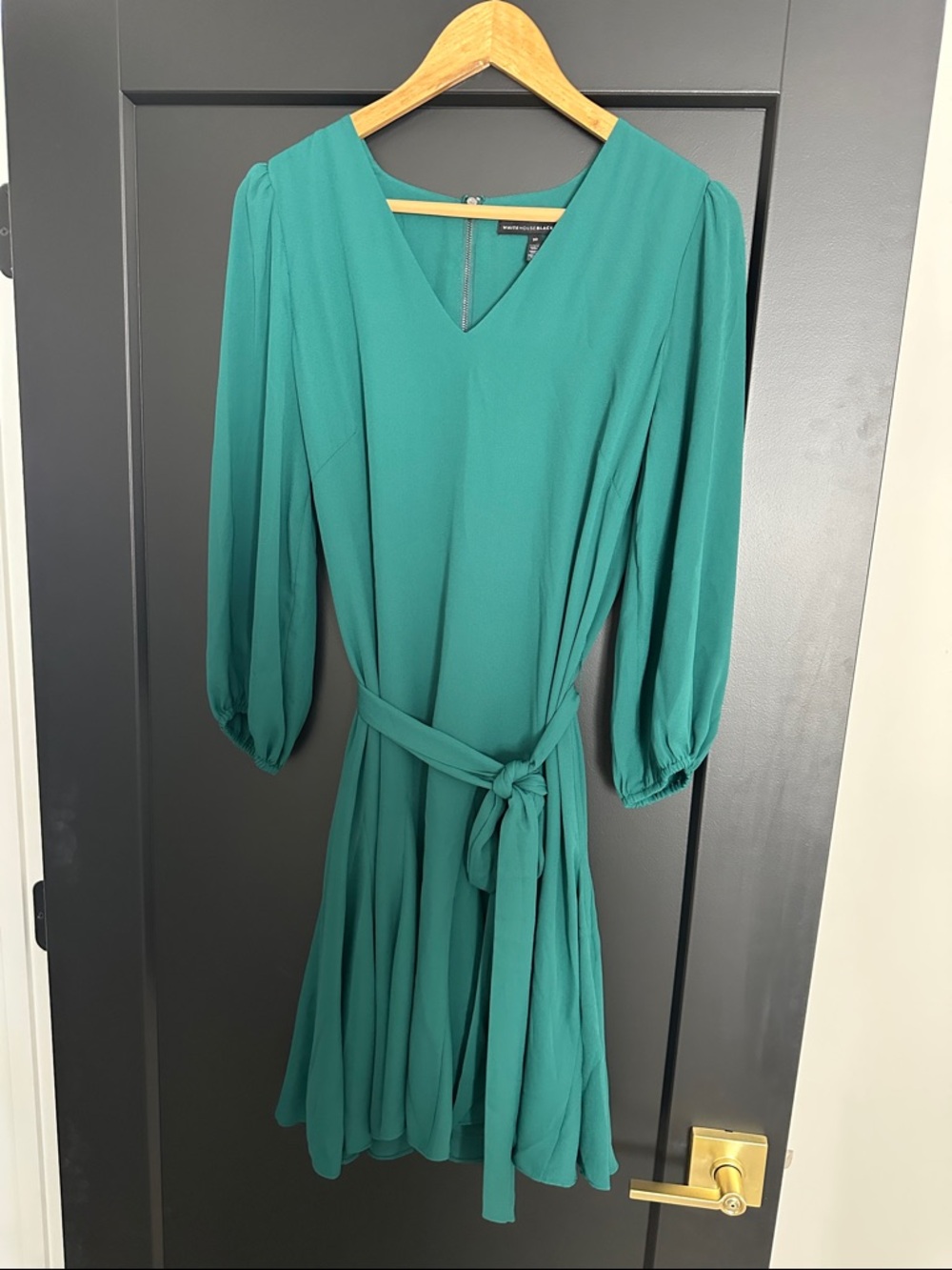 White House Black Market Teal V-Neck Tie-Waist Long Sleeve Dress